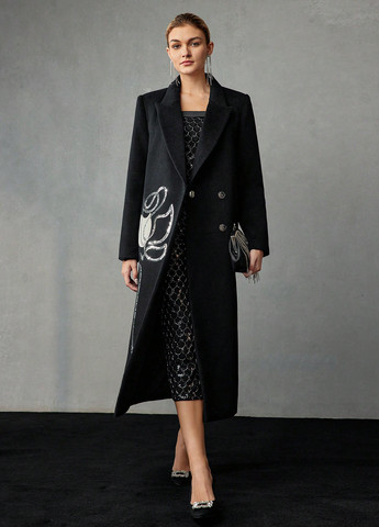 Черное зимнее Пальто двубортное SHEIN