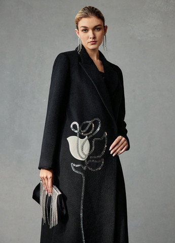 Черное зимнее Пальто двубортное SHEIN