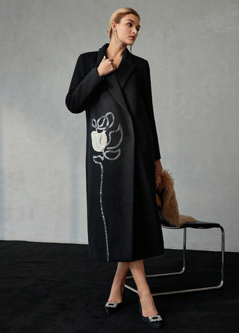 Черное зимнее Пальто двубортное SHEIN