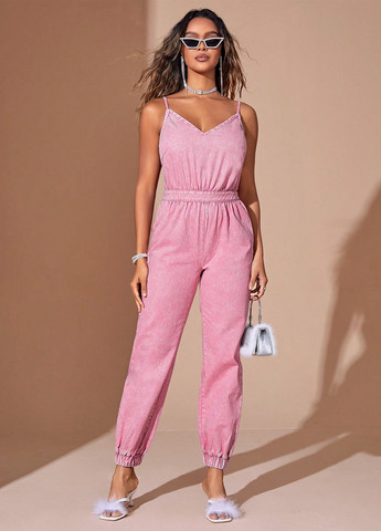 Комбінезон SHEIN комбінезон-брюки однотонний рожевий джинсовий бавовна