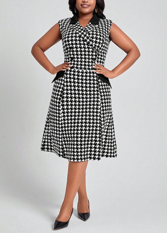 Черно-белое кэжуал, деловое платье на запах, футляр, а-силуэт SHEIN с узором пье-де-пуль «гусиная лапка»