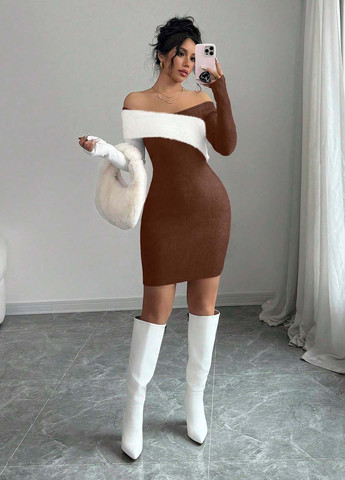 Коричневое кэжуал платье платье-свитер, с открытыми плечами SHEIN колор блок