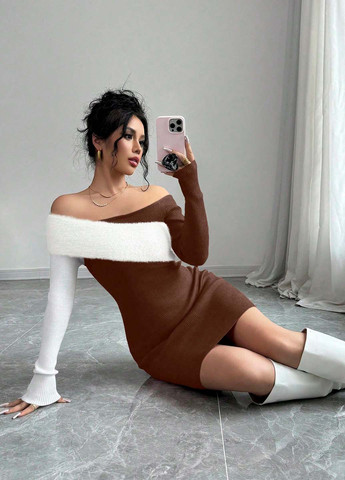 Коричневое кэжуал платье платье-свитер, с открытыми плечами SHEIN колор блок