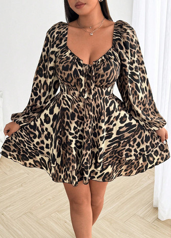 Бежева кежуал сукня з спідницею-сонце SHEIN леопардовий