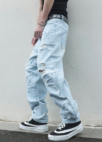 Светло-голубые демисезонные мешковатые, афгани джинсы SHEIN