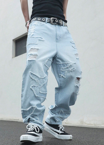 Светло-голубые демисезонные мешковатые, афгани джинсы SHEIN