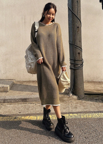 Оливковое (хаки) кэжуал платье платье-свитер, оверсайз SHEIN однотонное