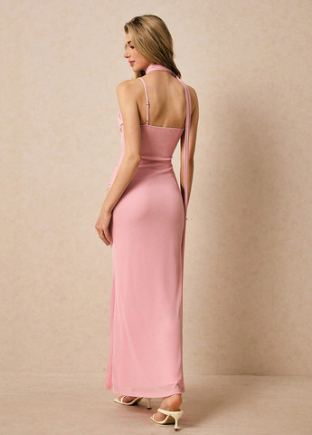 Светло-розовое вечернее платье с открытой спиной SHEIN однотонное