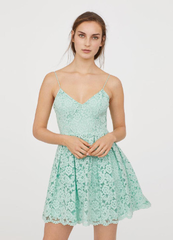 Мятное коктейльное платье бэби долл H&M с цветочным принтом