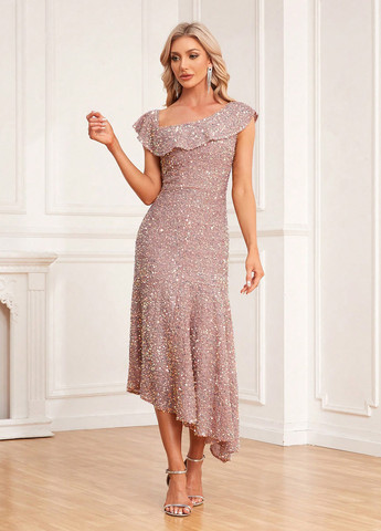 Розово-коричневое вечернее платье на одно плечо SHEIN однотонное