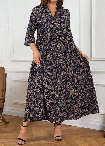 Темно-синя кежуал сукня з спідницею-сонце SHEIN з квітковим принтом