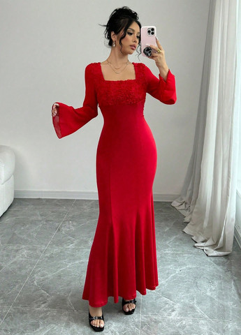 Красное кэжуал, вечернее платье годе SHEIN однотонное