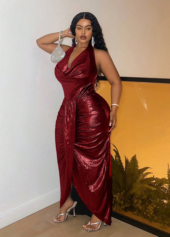 Бордова вечірня сукня з відкритою спиною, силуетна SHEIN однотонна