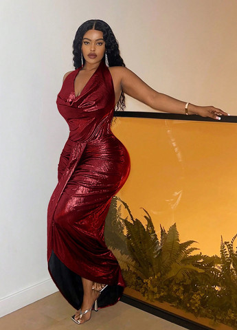 Бордова вечірня сукня з відкритою спиною, силуетна SHEIN однотонна