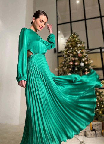 Зеленое коктейльное платье плиссированное Vovk однотонное