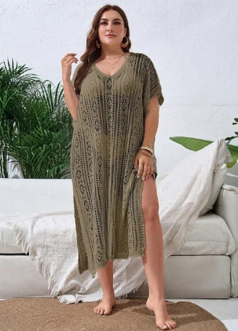 Оливковое (хаки) пляжное платье SHEIN однотонное