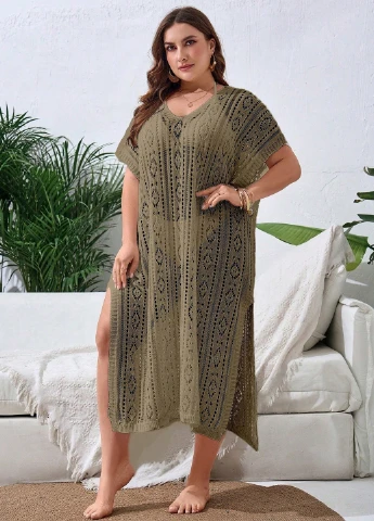 Оливковое (хаки) пляжное платье SHEIN однотонное