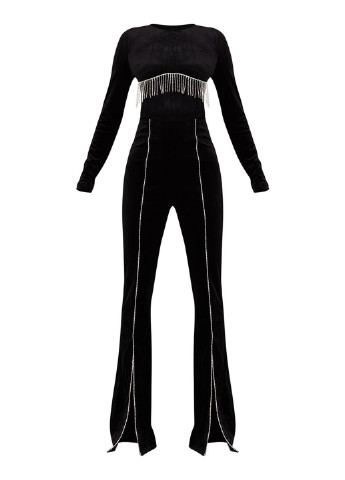 Комбинезон PrettyLittleThing комбинезон-брюки однотонный чёрный вечерний велюр, полиэстер