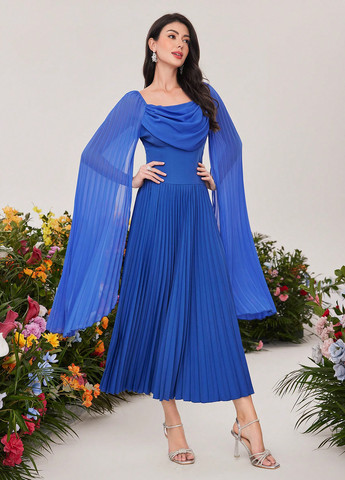 Синее праздничный, вечернее платье платье-кейп, а-силуэт, плиссированное SHEIN однотонное