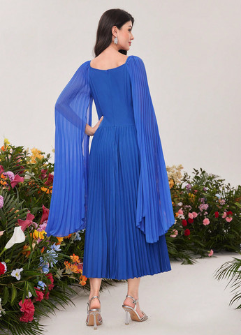 Синее праздничный, вечернее платье платье-кейп, а-силуэт, плиссированное SHEIN однотонное