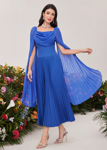 Синее праздничный, вечернее платье платье-кейп, а-силуэт, плиссированное SHEIN однотонное