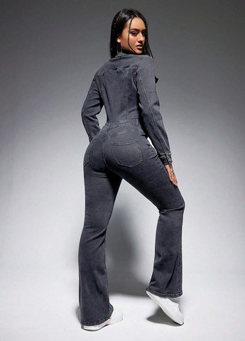Комбінезон SHEIN комбінезон-брюки однотонний темно-сірий джинсовий бавовна, джинс