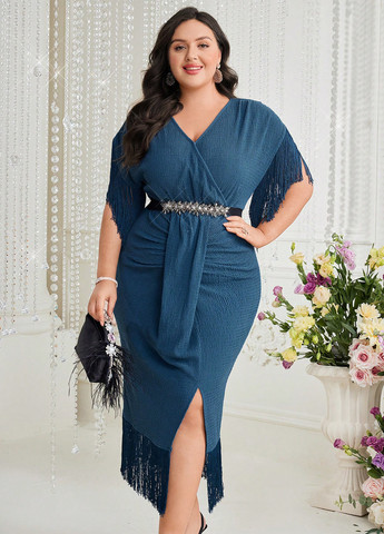 Морської хвилі вечірня сукня на запах SHEIN однотонна