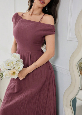 Темно-лиловое кэжуал, праздничный платье клеш, с открытыми плечами SHEIN однотонное