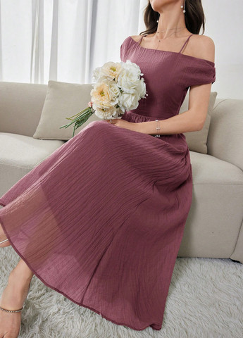 Темно-лиловое кэжуал, праздничный платье клеш, с открытыми плечами SHEIN однотонное