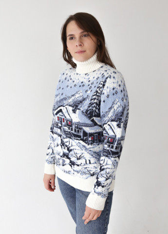 Молочный демисезонный свитер женский белый зимний принт с домиками Pulltonic Прямая
