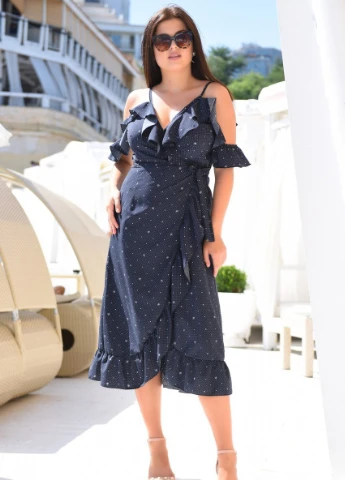 Синя пляжна плаття, сукня на запах FashionYouWant в горошок