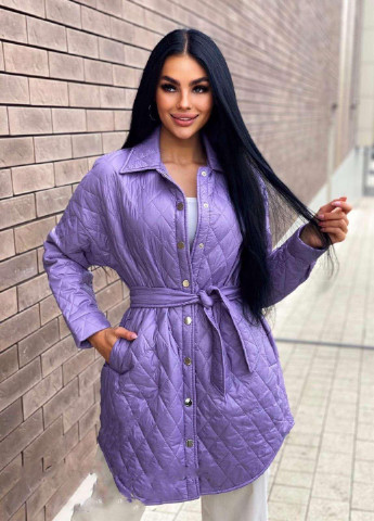 Темно-фіолетове Женское пальто-рубашка из плащевки сиреневого цвета 358138 New Trend