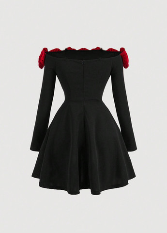 Черное коктейльное платье с юбкой-солнце, силуэтная, с открытыми плечами SHEIN однотонное