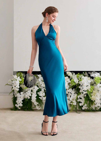 Морской волны вечернее платье годе, с открытой спиной SHEIN однотонное