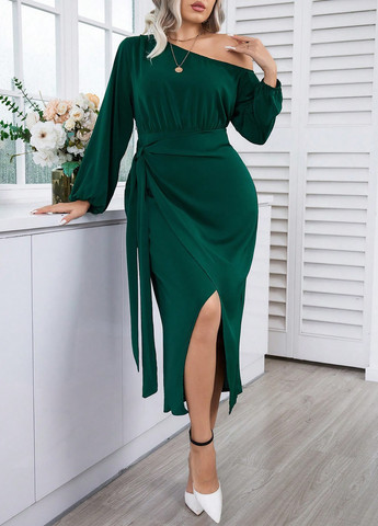 Темно-зелена кежуал сукня на одне плече SHEIN однотонна