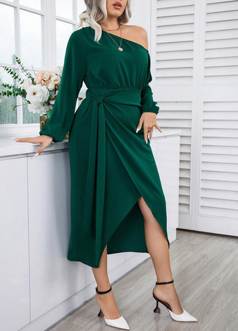 Темно-зелена кежуал сукня на одне плече SHEIN однотонна