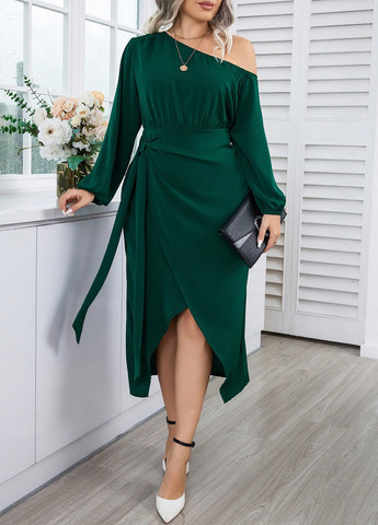 Темно-зелена кежуал сукня на одне плече SHEIN однотонна