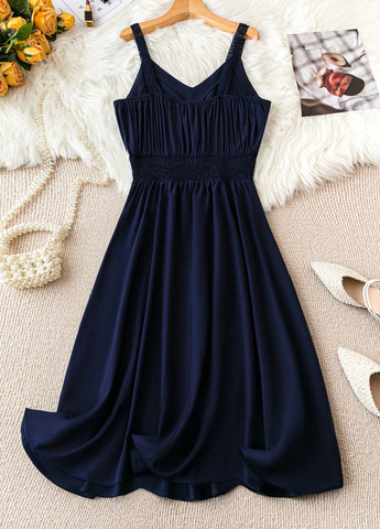 Темно-синее кэжуал платье клеш SHEIN однотонное