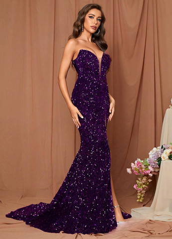 Темно-фіолетова вечірня сукня зі шлейфом SHEIN однотонна