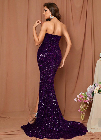 Темно-фіолетова вечірня сукня зі шлейфом SHEIN однотонна