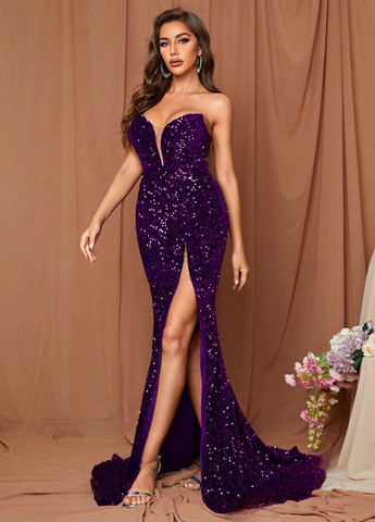 Темно-фіолетова вечірня сукня зі шлейфом SHEIN однотонна