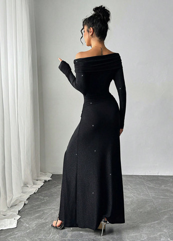 Чорна вечірня сукня силуетна, з відкритими плечима SHEIN однотонна