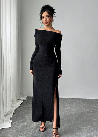Чорна вечірня сукня силуетна, з відкритими плечима SHEIN однотонна