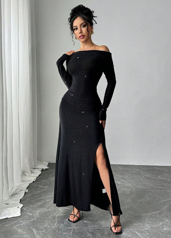 Чорна вечірня сукня силуетна, з відкритими плечима SHEIN однотонна