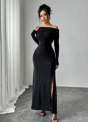 Чорна вечірня сукня силуетна, з відкритими плечима SHEIN однотонна