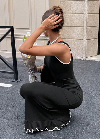 Чорна вечірня, кежуал сукня годе SHEIN однотонна