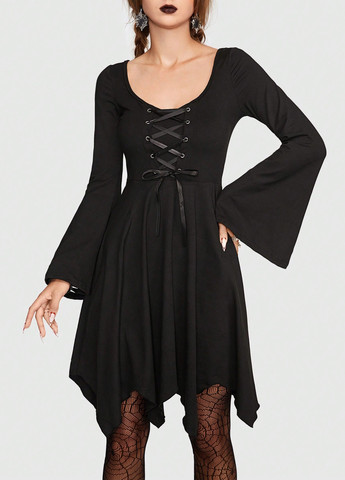 Черное кэжуал платье клеш Romwe однотонное