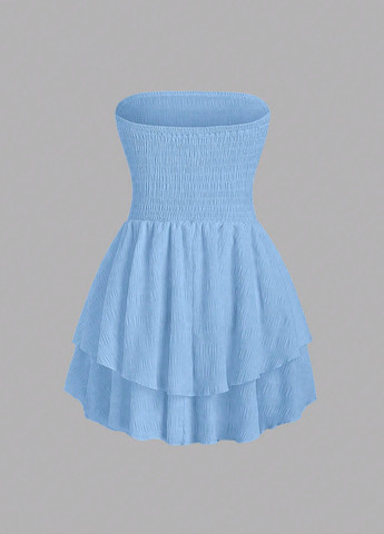 Блакитна кежуал сукня бандо, з відкритими плечима, з спідницею-сонце SHEIN однотонна