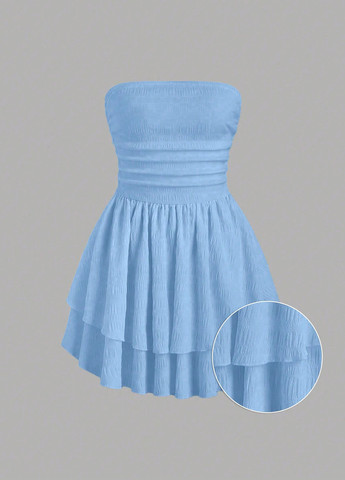 Блакитна кежуал сукня бандо, з відкритими плечима, з спідницею-сонце SHEIN однотонна