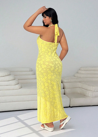 Желтое праздничный, кэжуал платье силуэтная, с открытыми плечами, с открытой спиной SHEIN с цветочным принтом